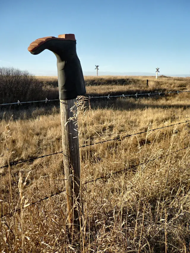 Rubber boot on a fence post
