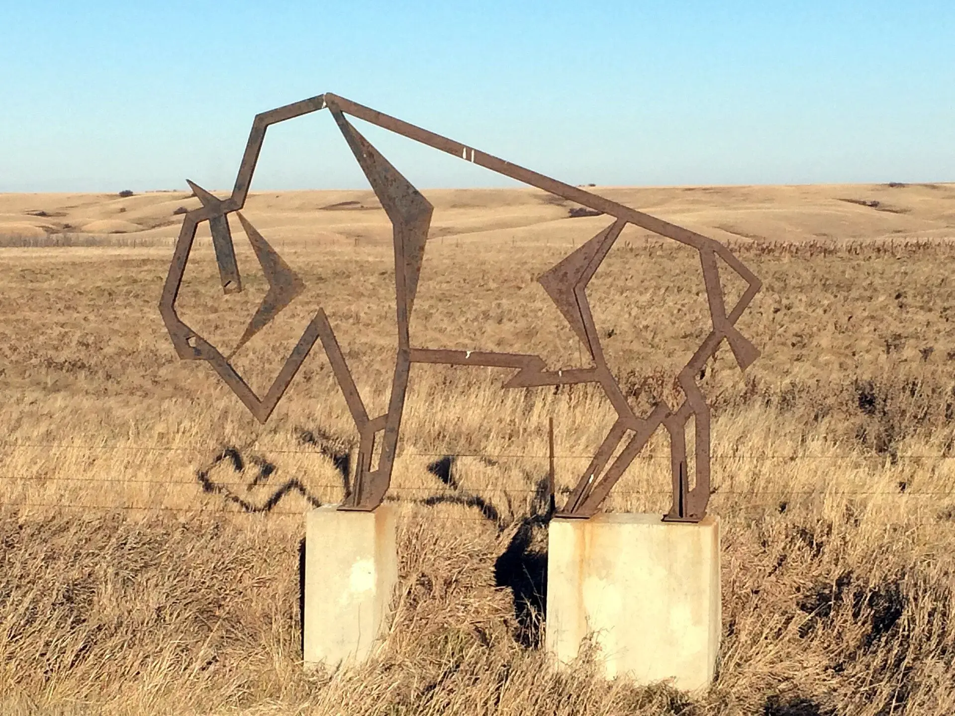 Metal buffalo sculpture beside Highway 11 on the prairie
